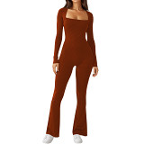 Autumn And Winter Threaded Square Collar Slim Fit Wide-Leg Casual Sports Jumpsuit