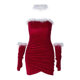 Christmas Atmosphere Raw Edge Splicing Sexy Tube Top Slimming Hip Dress