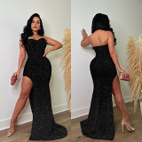 Fashion Women'S Solid Color Sequin Sleeveless Backless Long Skirt Dress