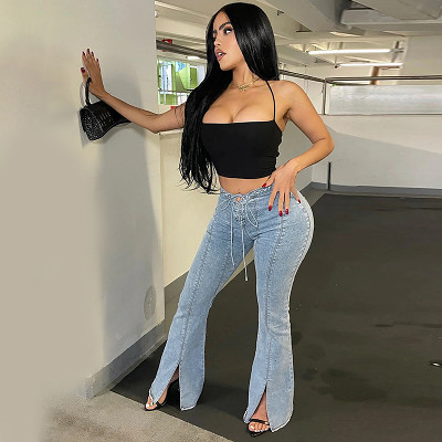 High-Waisted Sexy Strappy Slit Jeans
