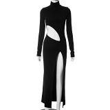 New Autumn And Winter Solid Color Casual Long-Sleeved Hollow Round Neck Slim Long Dress