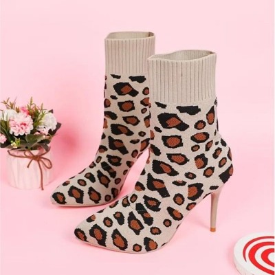High heels pointed leopard knitting short tube Martin boots Women