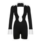 Fashion Hot Girl Sexy Hollow Deep V-Neck Lapel Shirt Backless Strappy Long-Sleeved Jumpsuit