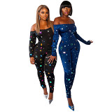 2023 Autumn And Winter New Tight-Fitting Printed One-Shoulder Long-Sleeved Jumpsuit Trousers