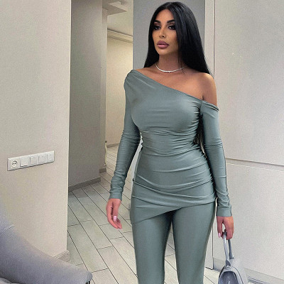 European And American Fashion Autumn And Winter New Solid Color Slope Collar Off-Shoulder Long-Sleeved Tops Tight Trousers Casual Suits