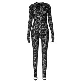 Autumn New Solid Color Hollow Jewelry Spliced ​​Long-Sleeved Gloves And Lace Jumpsuit