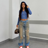 American Street Style Women'S Clothing, Washed, Distressed, Retro, Gradient, High-Waisted Jeans, Ripped Holes, Splashed Ink, Straight-Leg Casual Trousers