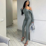 European And American Fashion Autumn And Winter New Solid Color Slope Collar Off-Shoulder Long-Sleeved Tops Tight Trousers Casual Suits