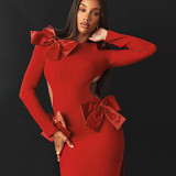 European And American Style Autumn And Winter New Sexy Backless Fashion Bow Slit Hip Slim Dress Women