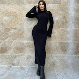 2023 Winter New Fashion Solid Color Slim Fit Hip-Covering Long-Sleeved Dress