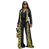 2023 Autumn And Winter New V-Neck Printed Lace-Up Long-Sleeved Tops Wide-Leg Trousers Casual Suits