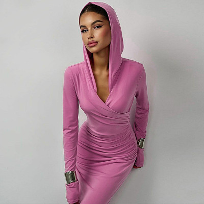 2023 Winter New Fashion Slim Hooded Sports Casual Solid Color Dress