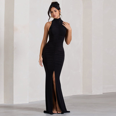 High Collar Vest, Tight Long Skirt, European And American Sexy Gathered Slit Dress