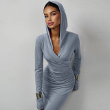 2023 Winter New Fashion Slim Hooded Sports Casual Solid Color Dress