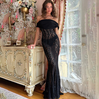 European And American Style Sexy One-Shoulder Lace See-Through Slim-Fitting Long Skirt