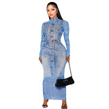 European And American Fashion Autumn New Casual Denim Printed Round Neck Long-Sleeved Slim Basic Dress