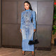 European And American Fashion Autumn New Casual Denim Printed Round Neck Long-Sleeved Slim Basic Dress