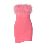 European and American style 2023 winter new sexy revealing backpack hip short skirt temperament fur strapless dress for women