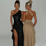 European And American Style Autumn And Winter New Women'S Sexy Backless Fashionable Slit Leg-Length Slim Dress