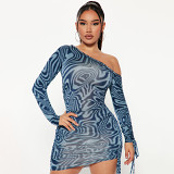 European And American Fashion Plus Size Women'S Printed Drawstring Pleated Lace-Up Oblique Shoulder Long-Sleeved Dress