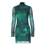 European And American Fashion 2023 New Autumn Sexy Mesh Casual Printed Long-Sleeved Slimming Short Hip Dress