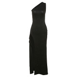European And American Style Autumn And Winter New Women'S Sexy Backless Fashionable Slit Leg-Length Slim Dress
