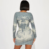 European And American Fashion Personalized Portrait Printed Slim Fit Hip-Hugging Waist Long-Sleeved Tight Dress