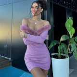 Hot-Selling Sexy One-Shoulder Fur Collar, Long-Sleeved, Elegant And Close-Fitting Short Hip-Hugging Dress For Women