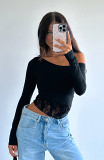 European And American New Women'S Casual Lace Long-Sleeved T-Shirt Spring And Autumn Solid Color Slim Pullover Streetwear Bottoming Shirt