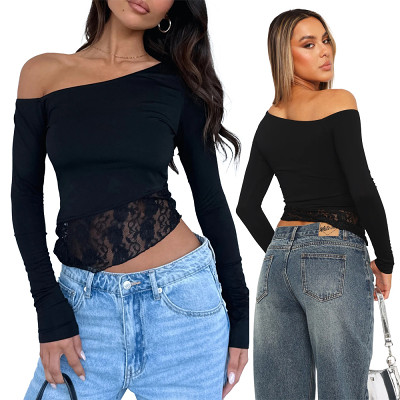 European And American New Women'S Casual Lace Long-Sleeved T-Shirt Spring And Autumn Solid Color Slim Pullover Streetwear Bottoming Shirt