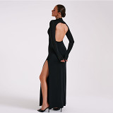2023 Winter New Women'S Long Sleeve High Neck Sexy Backless Slit Long Skirt Fashion Dress