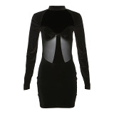 European And American Style Autumn And Winter New Women'S Fashionable Hollow Round Neck Long-Sleeved See-Through Mesh Splicing Hip-Hugging Dress