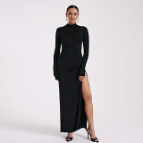2023 Winter New Women'S Long Sleeve High Neck Sexy Backless Slit Long Skirt Fashion Dress