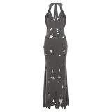 European And American Style 2023 Autumn Women'S New Sexy Suspender Ripped Low Neck High Waist Slim Long Dress