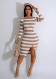 Elegant Striped Slit Round Neck Dress