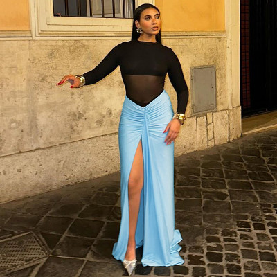 European And American Style Women'S New Mesh Jumpsuit Sky Blue Half-Length Skirt Two-Piece Sexy High-End Fashion Suit