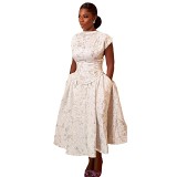 2023 New Autumn And Winter Temperament High-End Printed Waist Short-Sleeved A-Line Mid-Length Dress