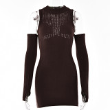 Knitted Women'S Autumn Dress Sexy See-Through Tight Round Neck Splicing Long Sleeve Hip Skirt
