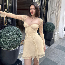 2023 New Winter Women'S Fashionable Long-Sleeved Sexy Square Neck Low-Cut Backless Slim Dress