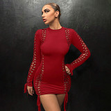 European And American Women'S Sexy Hipster Round Neck Long Sleeve Hollow Hip Short Dress