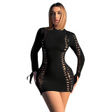 European And American Women'S Sexy Hipster Round Neck Long Sleeve Hollow Hip Short Dress