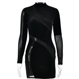 European And American Style Hot Selling New Round Neck Long Sleeve See-Through Patchwork Dresses, Sexy Hot Girls, Tight Temperament, Hip Skirt Women
