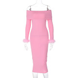 Winter New Sexy Super Pink Boat Neck Shawl Long Sleeve Stitched Wool Slim Long Temperament Dress