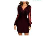 European And American Mesh V-Neck Sequin Dress Slim Fit Sexy Dress