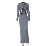European And American New Long Skirt 2023 Winter Women'S Solid Color Long Sleeve Sexy Cutout Dress