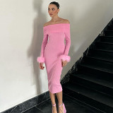 Winter New Sexy Super Pink Boat Neck Shawl Long Sleeve Stitched Wool Slim Long Temperament Dress