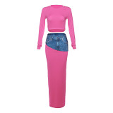 European And American Clothing 2023 Autumn And Winter New Fashion Personalized Splicing Denim 3D Printed High-Waisted Long Skirt Suit