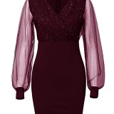 European And American Mesh V-Neck Sequin Dress Slim Fit Sexy Dress
