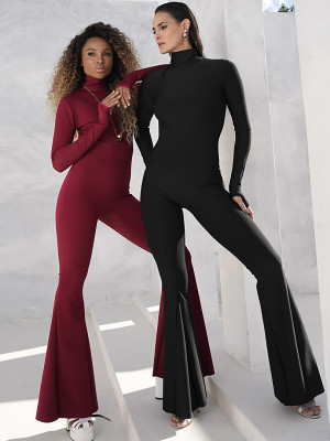 European And American Women'S Clothing 2023 Winter New Products Solid Color Long Sleeve High Neck Open Back Flared Pants Fashion Jumpsuit Women