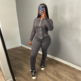 European And American Cross-Border 2023 Autumn And Winter New Fashion Versatile Hooded Zipper Long-Sleeved Solid Color Slimming Casual Pants Two-Piece Set